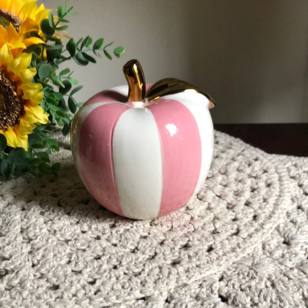 Pink and White Striped Ceramic Apple with Gold Stem